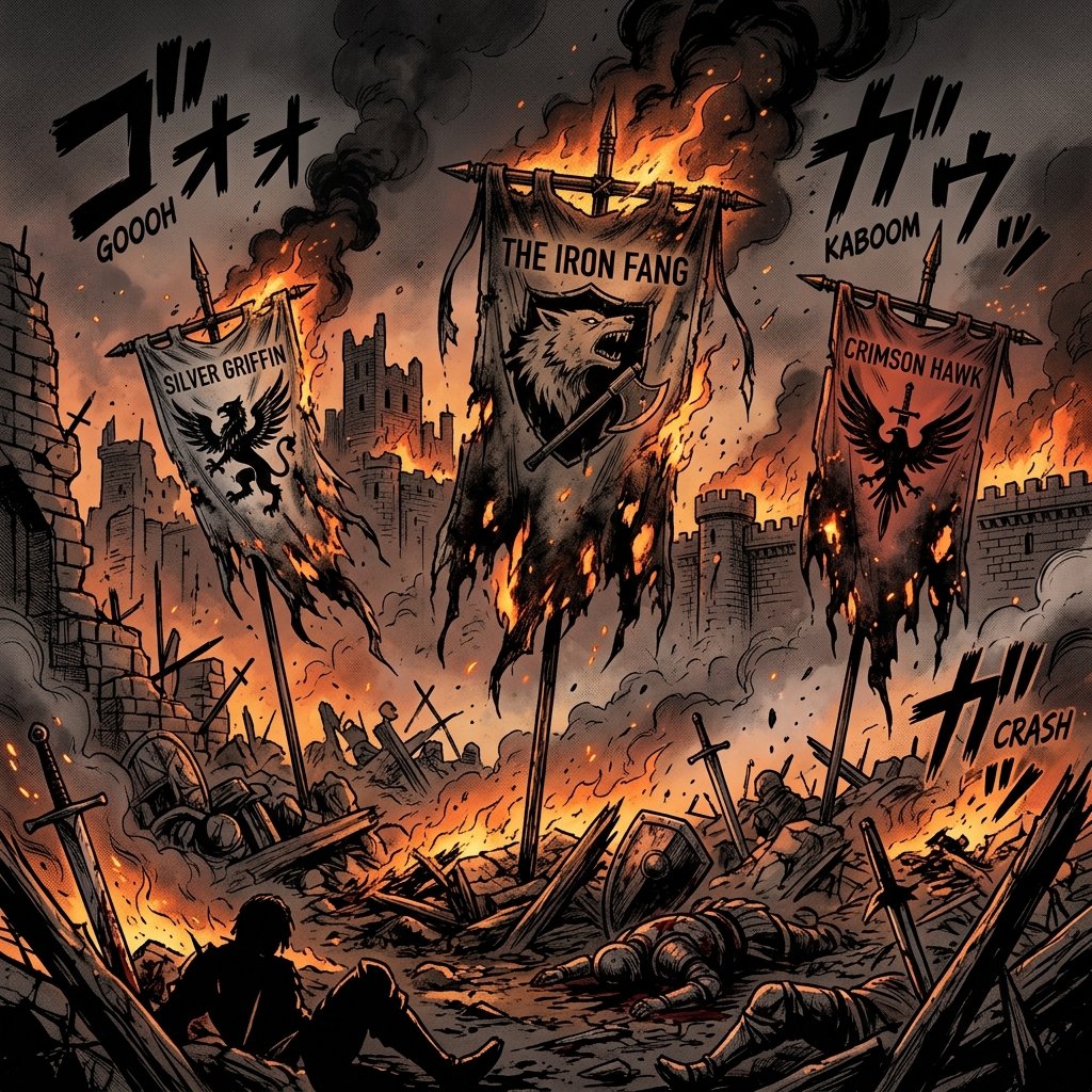 Old guild banners burn as the High Council banner rises