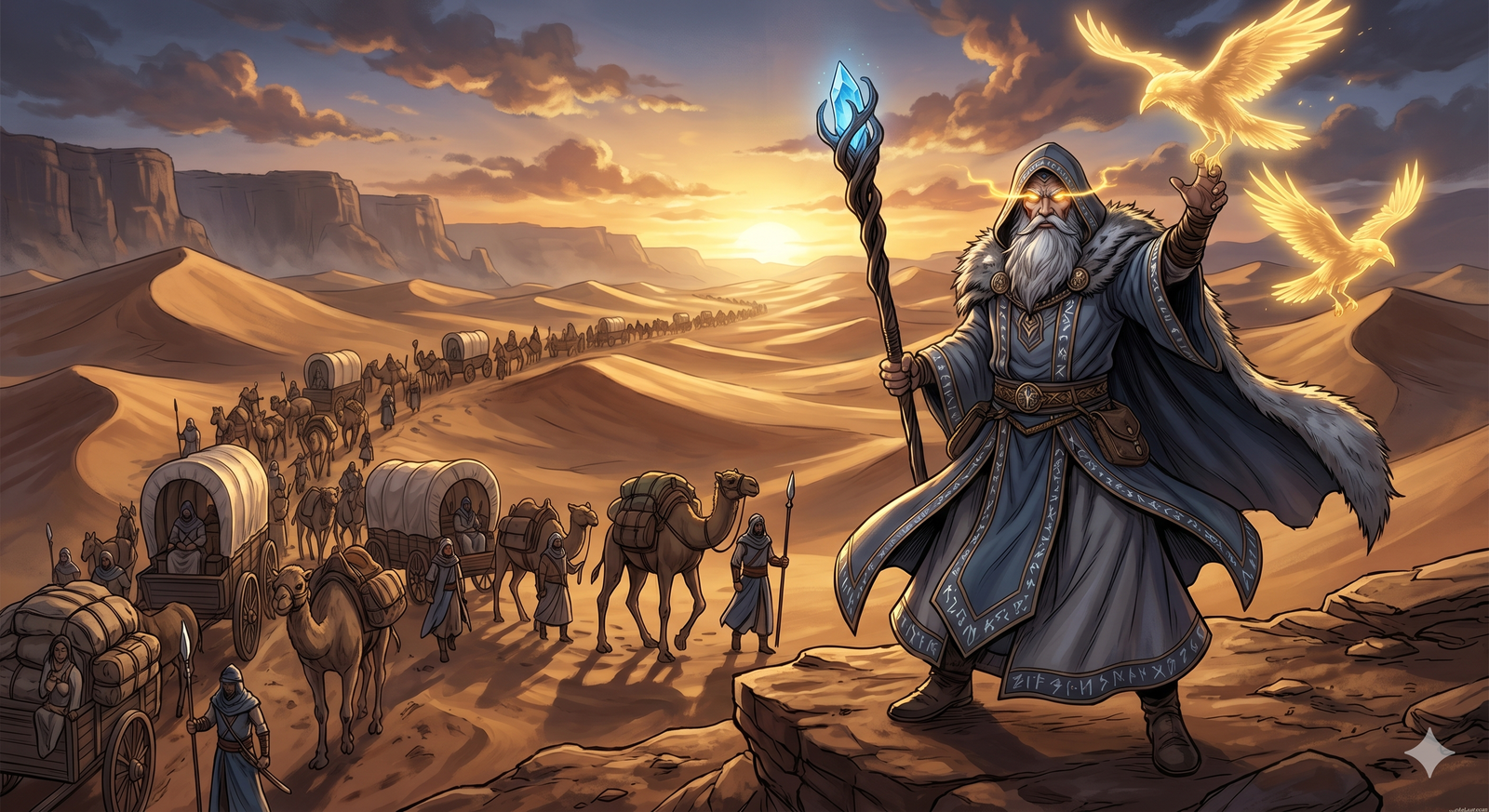 Odin charges fireballs at the rear of the caravan