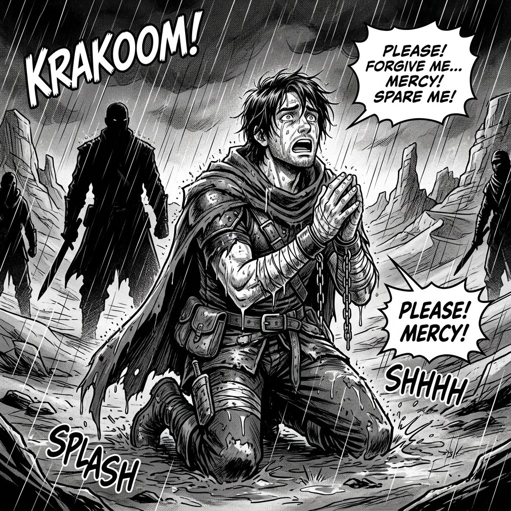 Cipher on his knees, hands raised, pleading before Solo Man
