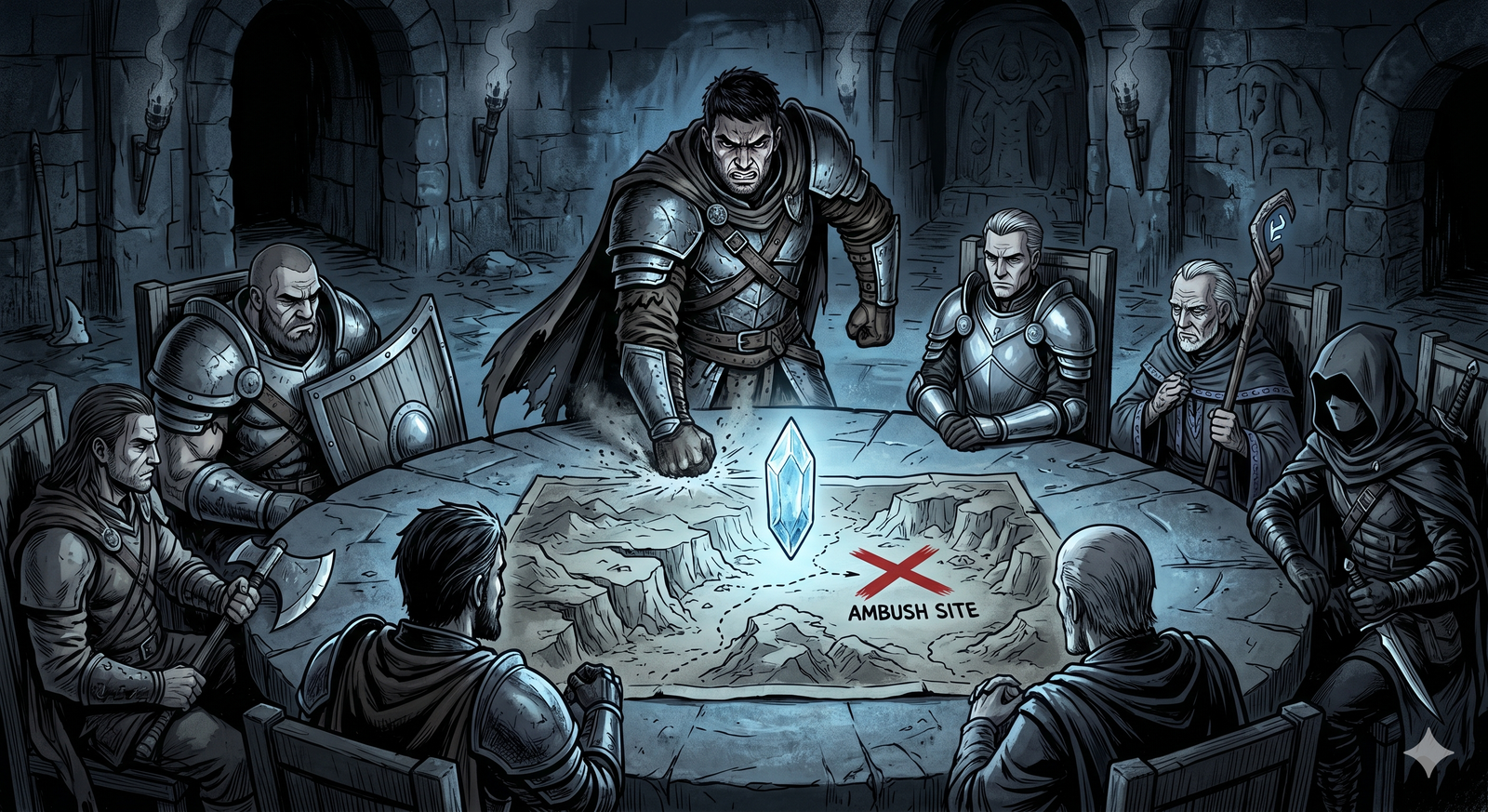3 AM emergency council — Odin at the war table