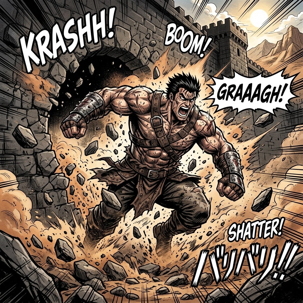 Solo Man explodes through the stronghold gate — timber and dust flying