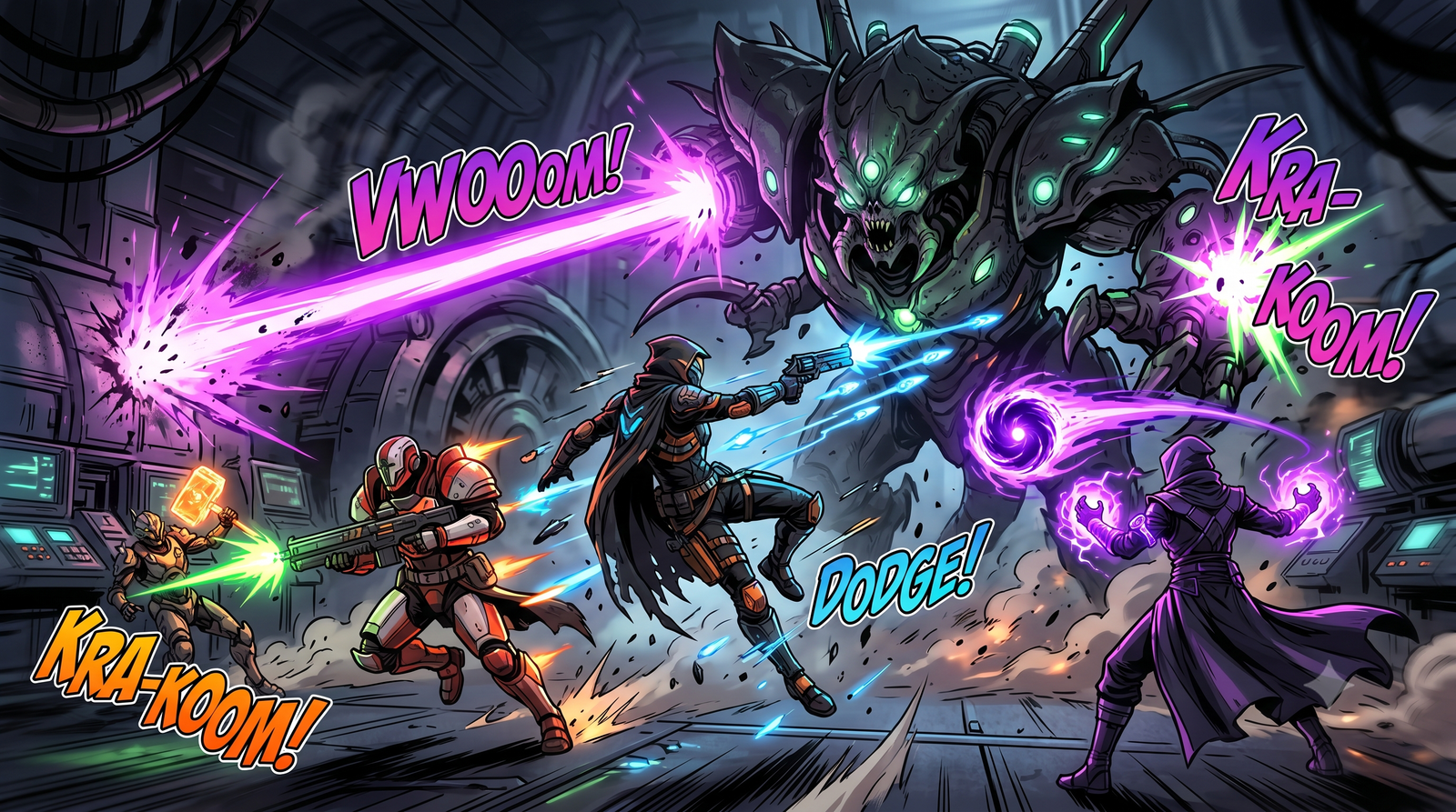 The full High Council formation facing down a titanic raid boss — every member in position