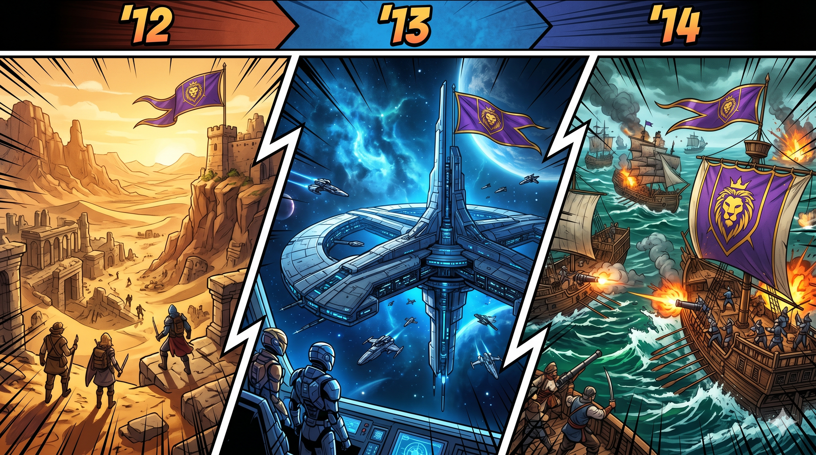 The HC banner across multiple game worlds — fantasy, sci-fi, ocean
