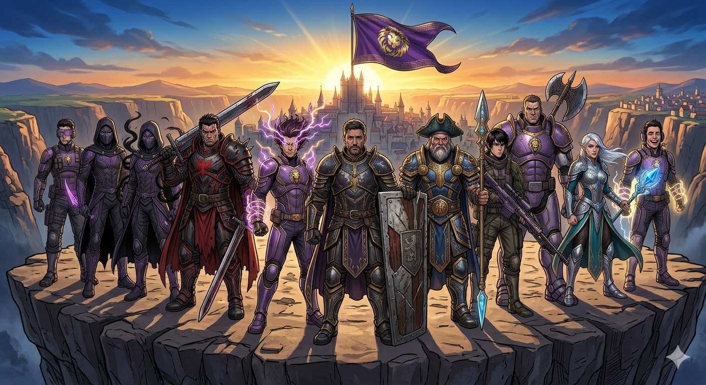 The complete High Council — all members in full armor above The Shol at dawn