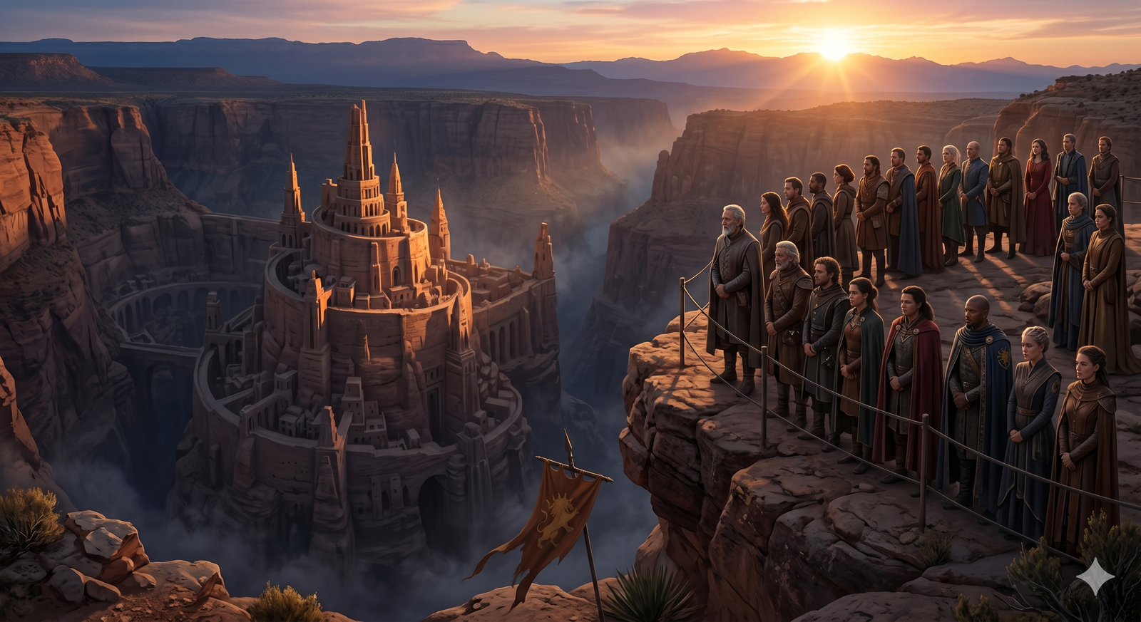 Sunrise over The Shol — the full High Council assembled on the clifftop, golden light