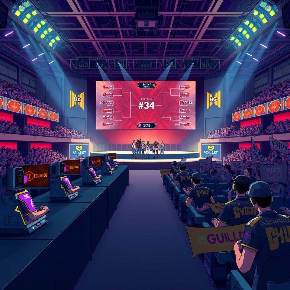 Tournament arena — HC team at stations, seeded 34th, opponents across the stage