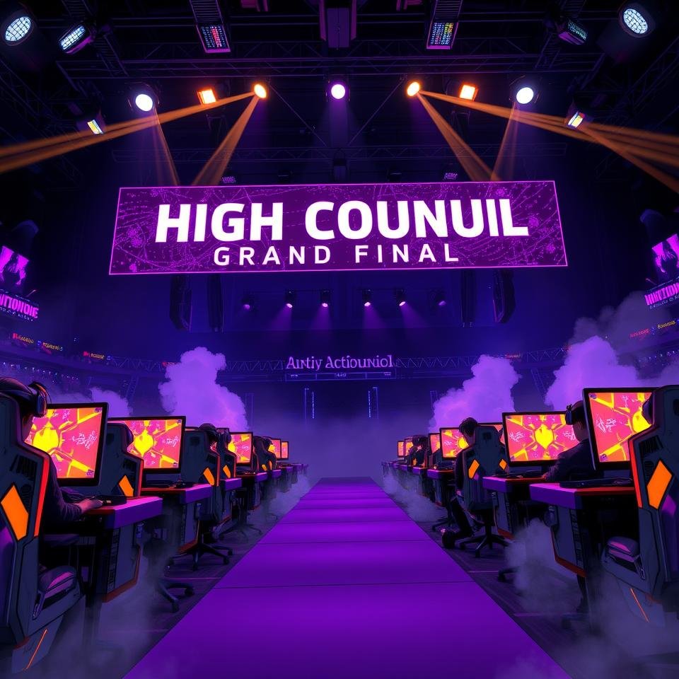 The High Council esports team assembled in a tournament hall — neon purple and gold