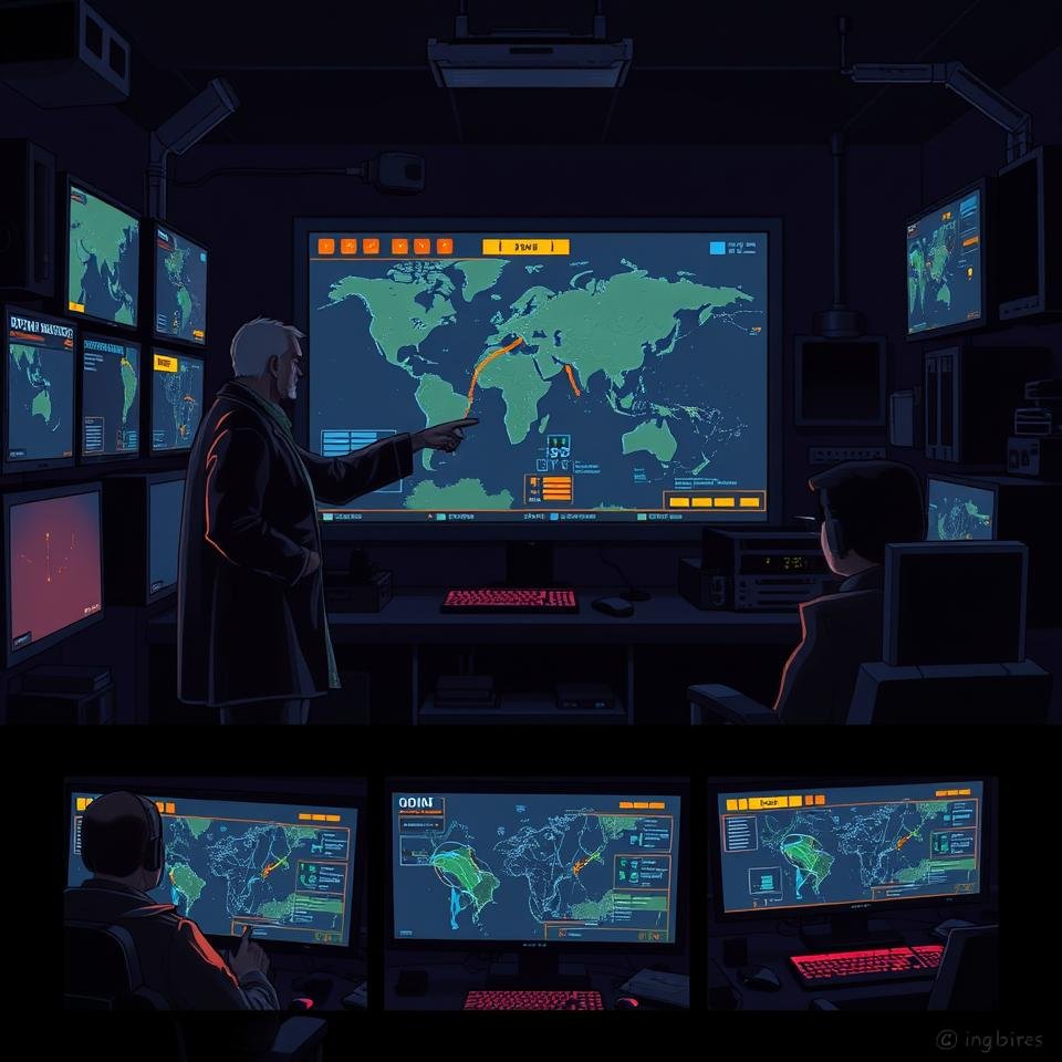 HC war room — monitors, tactical overlays, team huddle pre-tournament