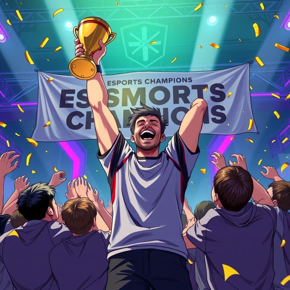 Odin holds the championship trophy — gold confetti, purple lights, the team behind him